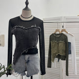 Design Feel Niche Cowboy Splicing Long-Sleeved Mesh T-Shirt Girl Summer Round Collar Dress Short Top 2617