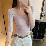 Lyselle Tians Summer Commute Beautiful Black U-Neck Middle-Sleeved T-Shirt Woman 2025 New Unique Beautiful Little Top