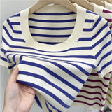 Striped Knitted Short Sleeve Fresh Sweet Simple Design Small Top Lady 2025 Summer New Fashion