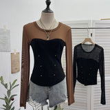Small Personality Camouflage Mesh Spliced Long-Sleeved T-Shirt Short Repair Cloth Woman 8107