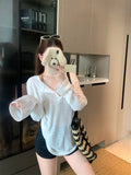 White Lazy Wind Long Sleeves Loose T-Shirt For Spring And Summer Leisure Thin Sunscreen Shirt Half-Opened Blouse