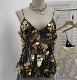 Real Shooting Heavy Industry Bling Bright Flash Beads Low V Collar Sexy Sling Vest Night Shop Babes Sleeveless Top 9153