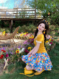 Dopamine Yellow U Collar Top Shredded Flower Skirt Suit Women Summer Age Reduction Thin Holiday Wind Two Sets Of Women