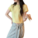 Korean Version Of Yellow Shoulder Short-Sleeved T-Shirt Women's Summer 2026 New Thin High-End Sense Slim Short Top