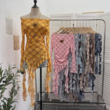 Vintage One-Word Shoulder Long-Sleeved T-Shirt Babes Net Embroidery Irregular Ribbon Dress 12901