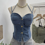 Real Shooting Denim Hanging Neck With Chest Pad Sling Vest Babes Single Buckle Bra Short Sleeveless Top Tide 2757