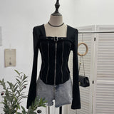 Real Shooting Square Zipper Open Shirt Design T-Shirt Bottoming Shirt Girl Body Short Hot Girl Hair Coat 2679