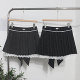 Real Shooting Leg Long Skirt Love Print Splicing Lace A Word 100 Folds Thin Bow Half-Dress Skirt 9339