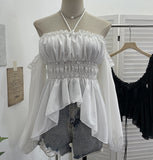 Han Jie Pure Want To Hang The Neck With A Word Shoulder Long Sleeve Blouse Folded Short Chiffon Shirt Female 9635