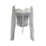 Real Shot French Lantern With Chest Tender Tops With Cuffed Shoulders With Dark Band Lace T-Shirt 8121
