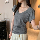 Korean Dopamine Wearing Yellow V-Neck Shoulder Short-Sleeved T-Shirt For Women 2025 Summer New Unique Beauty Small Top