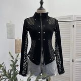 Sleeve Hollow Cross Grid Splicing Coat Coat Women's Spring And Summer Long Sleeves Zipper Open Shirt 8950