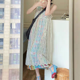 Vintage Splicing Floral Dress Loose Floral Sling Skirt Lace Folded In A Vest Dress Mid-Long Hoodie Set