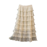 Gentle Wind And Wood Ear Side Hollow Net Yarn Splicing Half Skirt Women Summer High-Waist A Word Loose Multi-Level Cake Skirt