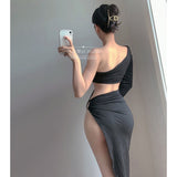 Spring And Autumn New Hottie Sexy Slanted Shoulder Sleeves Bare Waist-Up Open-Paired Fork Dress Woman