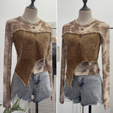 Vintage Dye Mesh Spliced Denim Shoulder Long-Sleeved T-Shirt T-Shirt T-Shirt Dress 2617
