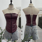 Real Shot Pu Skin Hook Buckle Bra Vest Bare Back Wearing Rope With Sexy Tight Bra Short Small Coat 1350