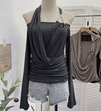 Real Shooting Hottie Shoulder Bead Hanging Neck Cross-Neck Wrinkles Two Long-Sleeved Tops To Repair T-Shirt 2861