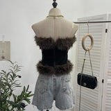 Real-Patted Leather Bra Waist Waist Coat Hair Spliced Pu Leather Slings To Collect Waist Thin Short Sleeveless Top 2996