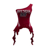 Real Shooting Retro Jersey Vest Letter Print Oblique Shoulder Hottie Wearing Lotus Edge Ribbon Ribbon Short Top 1279