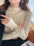 Half-High Collar Thin Knitted Jersey Women's Spring And Autumn New Blouse Fashion With A Foreign Air Wood Ear Sweater Bottom Shirt