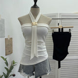Real-Shooting Thai Hottie Chest Vest Metal Decoration Hanging Neck Folding Irregular Opening Top 9292