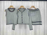 Small Fragrant Knitted Suit Long Sleeve Open Shirt Coat With Vest Top Dress Women Autumn Half Dress Three-Piece Set