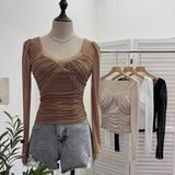 Pure-Want Wind Belt Chest Mat Lace Splicing Mesh Yarn Long-Sleeved T-Shirt Short Slim Top 2673