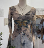 Real Shooting Pure Sexful V-Neck Umbilly T-Shirt Female Hairy Denim Butterfly Embroidered Mesh Yarn Long Sleeve Top 9996