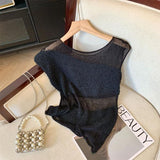 Tea Tea Yarn Knitted Jersey Ice Blouse Women Summer Large Size Fat Mm Unique Beautiful Shirt Splicing Irregular