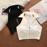 Hanging Neck Sling Vest Women Summer Wearing High-End Feel Shoulder Sexy Sweet Hottie Zipper Short Sleeveless Top