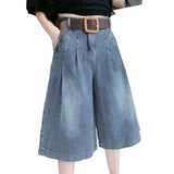 Broad-Legged Cowboy Trousers Women Seven-Point Trousers Summer Thin New Fashion Loose Thin Five-Point Trousers Casual Straight Tide