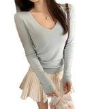 Gray V-Neck Bottom Shirt Women's New Tattoo Sweater Wearing Long-Sleeved Knitting Spring And Autumn Blouse