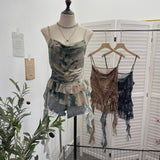 Real Shoot Spice Girl Swing Network Yarn Print Sling Vest Retivating Lotus Leaf Side Ribbon Short Top 1210