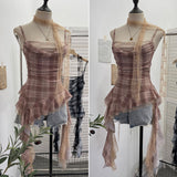 Real Lattice Splicing Lace Ribbon Ribbon Swing Tie Sling Sling Vest Irregular Lotus Leaf Side Hottie Top 8078