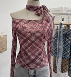 Real-Patting Mesh Lattice Letter Print Word Collar Shoulder Long-Sleeved T-Shirt Y2k Ribbon Over The Spice Girl Blouse 8072