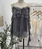 Summer Lotus Leaf Side Sling Shirt Women Feel Low Chest Bare Back Ribbon Loose Sleeveless Top 9670