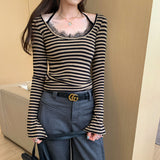 Small Design Lace Side Hanging Neck Striped Long-Sleeved T-Shirt Woman 2025 New High-End Non-Framming Shirt Top