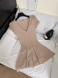 South Korea Dongdaefang Fashion V-Neck Solid Color Single Buckle Set Slim Sexy Knitted Dress