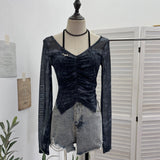 Hanging Neck Tie With Fake Two-Piece Mesh Printed Long-Sleeved Top Irregular Folding Repair Short T-Shirt 8877
