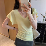 Korean Dopamine Wearing Yellow V-Neck Shoulder Short-Sleeved T-Shirt For Women 2025 Summer New Unique Beauty Small Top