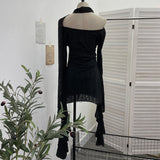 The Dark Waste Soil Wind Makes The Old Hole Hanging Shoulder Hanging With Long Sleeves Irregularly Open Fork T-Shirt Skirt 9295