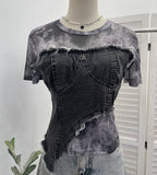 Real Shooting Guangzhou Women's Clothing Dizz-Dyed Net Yarn Splicing Edge To Make Old Denim Short-Sleeved T-Shirt Top 26171
