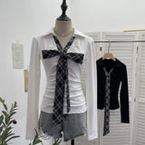 Real Shoot Spice Girls V-Neck Bow Tie With Long-Sleeved T-Shirt Slime Thin Velvet T-Shirt 1387