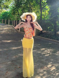 Seaside Holiday Hottie Suit Women Summer Flowers Tsets Wearing Yellow Mesh Half-Body Skirt Two-Piece