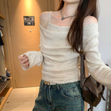 Pink Hanging Neck Sling Fake Two Ragged Long-Sleeved Knitted Shirt Women Early Autumn 2025 New Word Shoulder-Lved Shoulder Coat