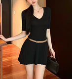 V Collar Half-Sleeved Knitted Dress Woman 2026 Summer Babes Slimmed Short Skirts Thin Waist A-Word Dress