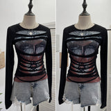Real Shooting Design Y2k Vintage T-Shirt Prints Long-Sleeved T-Shirt Slimming Bottom Top 1176