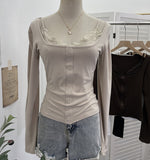 Real Shooting Spice Girls Fake Two Lace Slings Splicing Side Single Buckle Casing Long Sleeve Bottom Shirt 2828