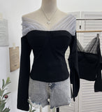 Real Shot With Chest Pad Mesh Splicing V-Neck Long Sleeve Bottom Shirt T-Shirt T-Shirt-Dressed Short-Sized Two-Piece T-Shirt Girl 2806